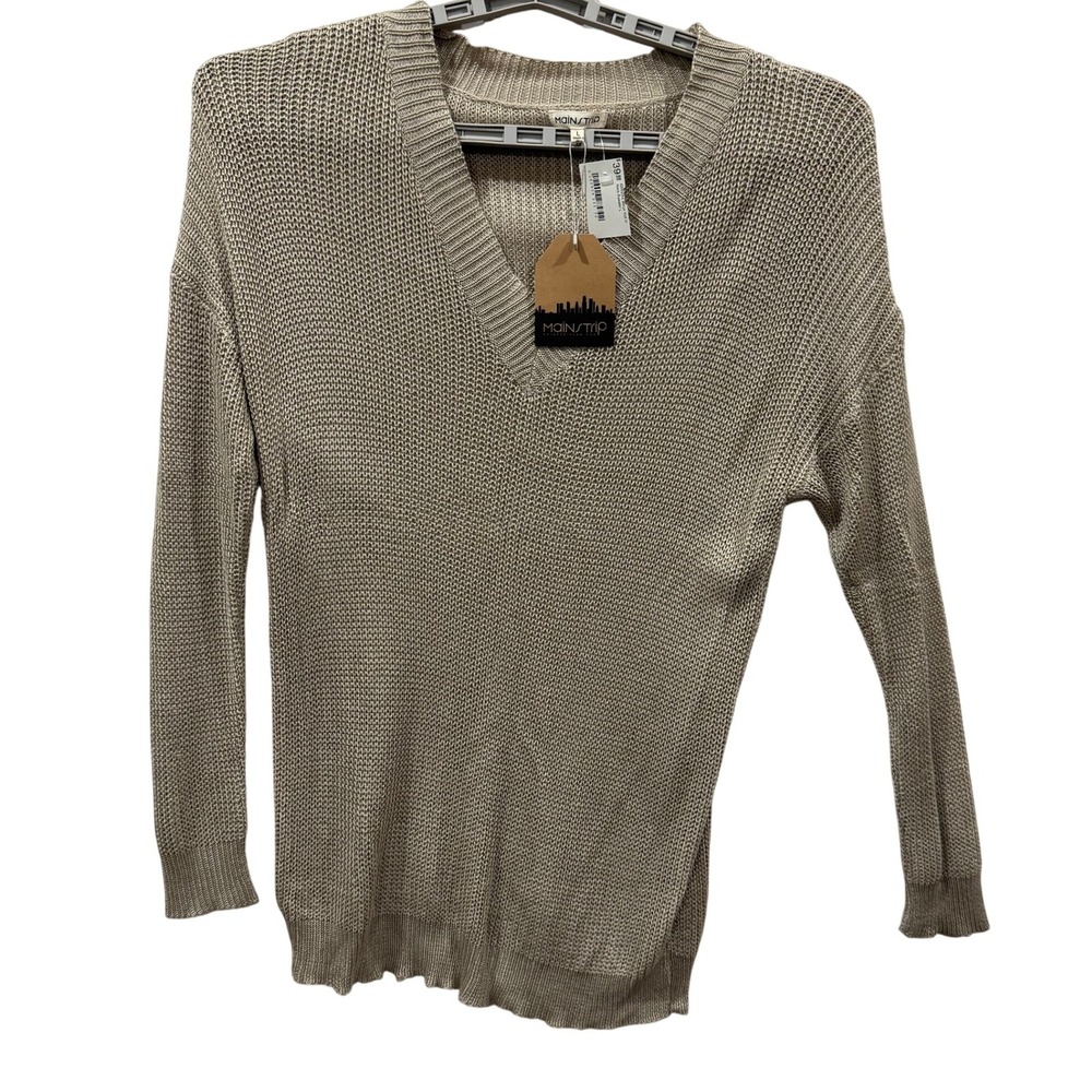 Mainstrip Knit‎ V Neck Sweater Beige Long Sleeve Pullover Women L